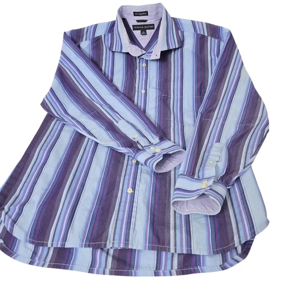 Tommy Hilfiger Shirt Men's M Blue Purpl Striped Long Sleeve Button Up 80's 2 Ply - Picture 14 of 15